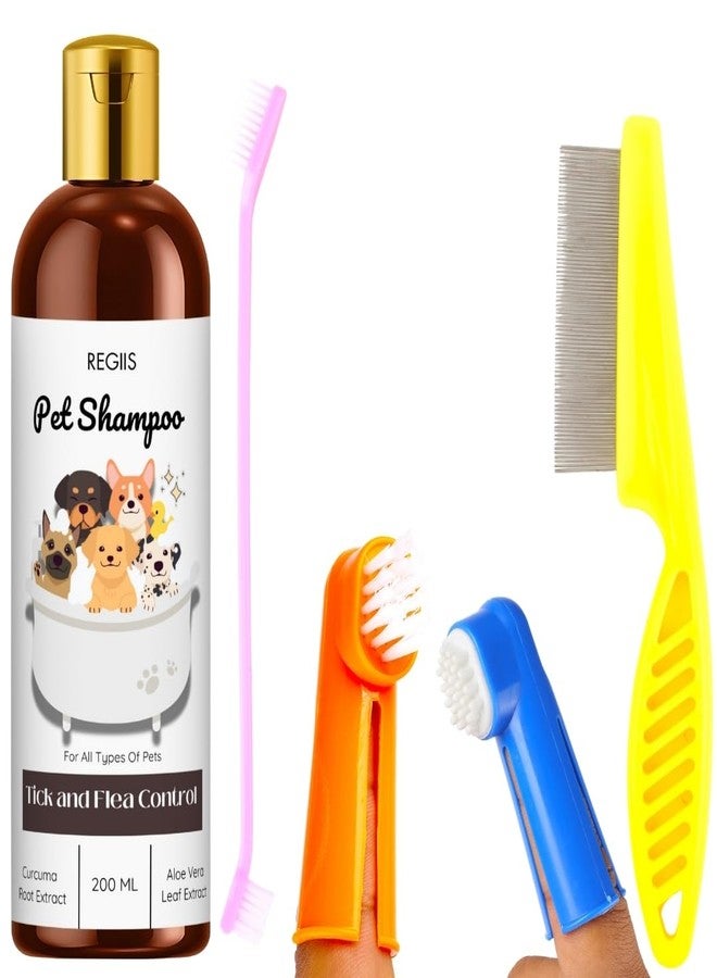 شامبو ريجيس للحيوانات الأليفة مع مكافحة القراد والبراغيث، مكونات طبيعية، خلاصة الصبار والكركم، 200 مل، مع فرش للعناية بالحيوانات الأليفة (عبوة من 3 قطع) - Image 1